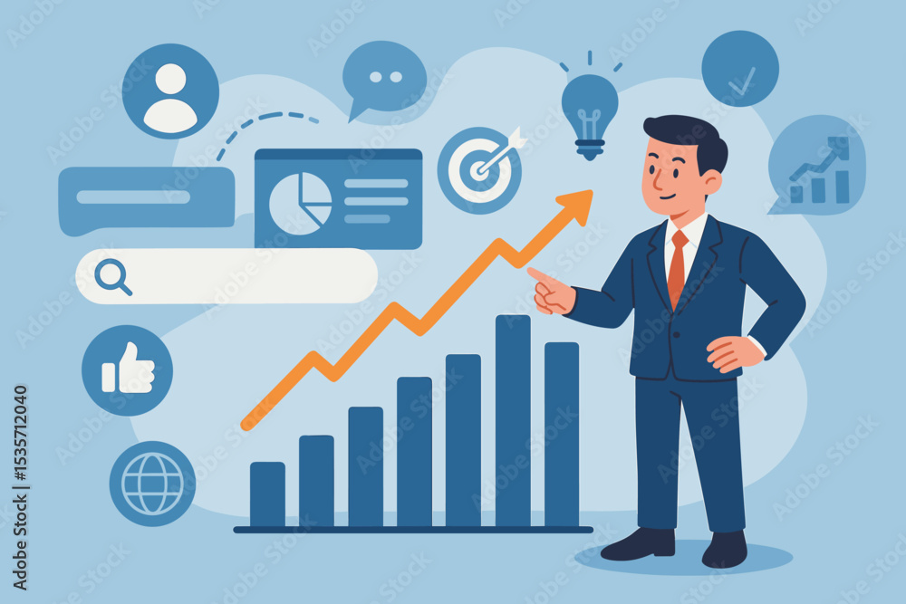 Business data insights concept with manager pointing at growth chart. Analytics, marketing strategy, SEO, and financial success illustration. Flat vector with graph and icons. Business data insights concept with manager pointing at growth chart. Analytics, marketing strategy, SEO, and financial success illustration. Flat vector with graph and icons.