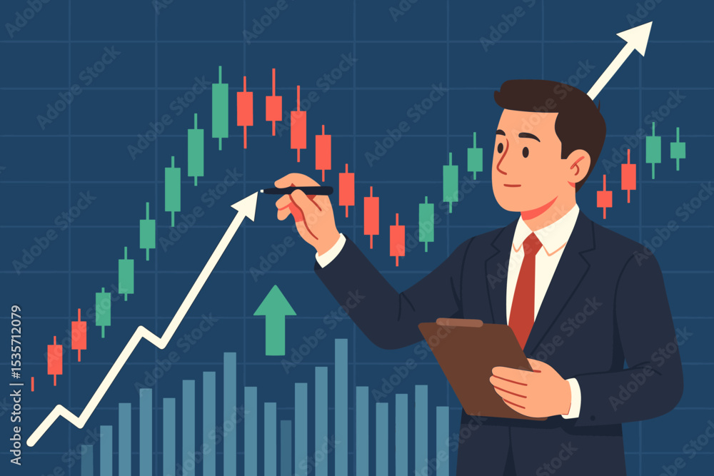 Stock market analysis with businessman pointing at bull market chart. Financial trader, investment strategy, and economic growth concept. Candlestick graph showing profit and success. Stock market analysis with businessman pointing at bull market chart. Financial trader, investment strategy, and economic growth concept. Candlestick graph showing profit and success.