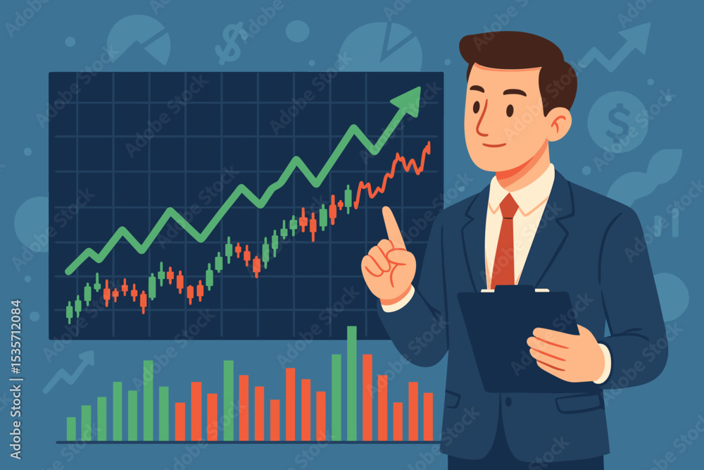 Businessman presenting stock market analysis on a screen. Financial growth chart with upward trend arrow. Investment, trading, and economy concept. Bull market candlestick graph. Businessman presenting stock market analysis on a screen. Financial growth chart with upward trend arrow. Investment, trading, and economy concept. Bull market candlestick graph.