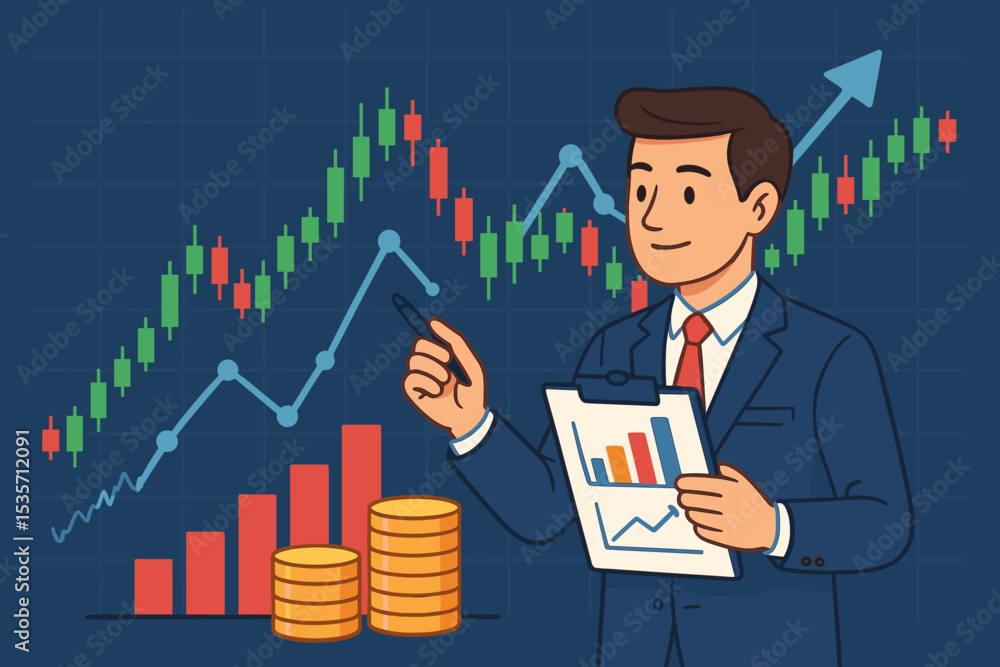 Financial advisor or broker analyzing stock market data. Businessman with clipboard and chart showing growth. Concept of investment, trading, profit, and financial success. Economy. Financial advisor or broker analyzing stock market data. Businessman with clipboard and chart showing growth. Concept of investment, trading, profit, and financial success. Economy.
