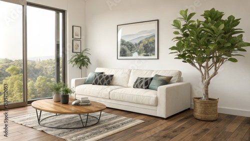 Modern Living Room Interior Design White Sofa, Wooden Coffee Table, Nature View, Minimalist Decor Interior design, Home decor