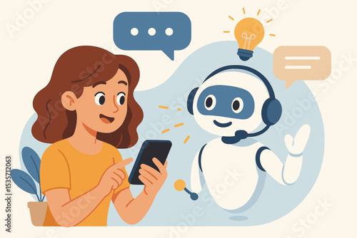 Woman chatting with AI chatbot on smartphone for customer service. Robot assistant concept for online support and virtual help. Artificial intelligence technology vector illustration.
