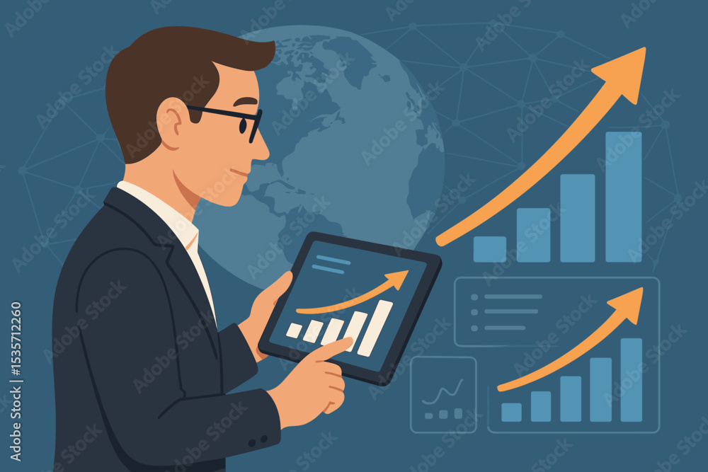 Businessman investor analyzing financial data on a tablet. Global business growth concept with stock market charts and graphs. Corporate strategy, investment success and profit report. Businessman investor analyzing financial data on a tablet. Global business growth concept with stock market charts and graphs. Corporate strategy, investment success and profit report.