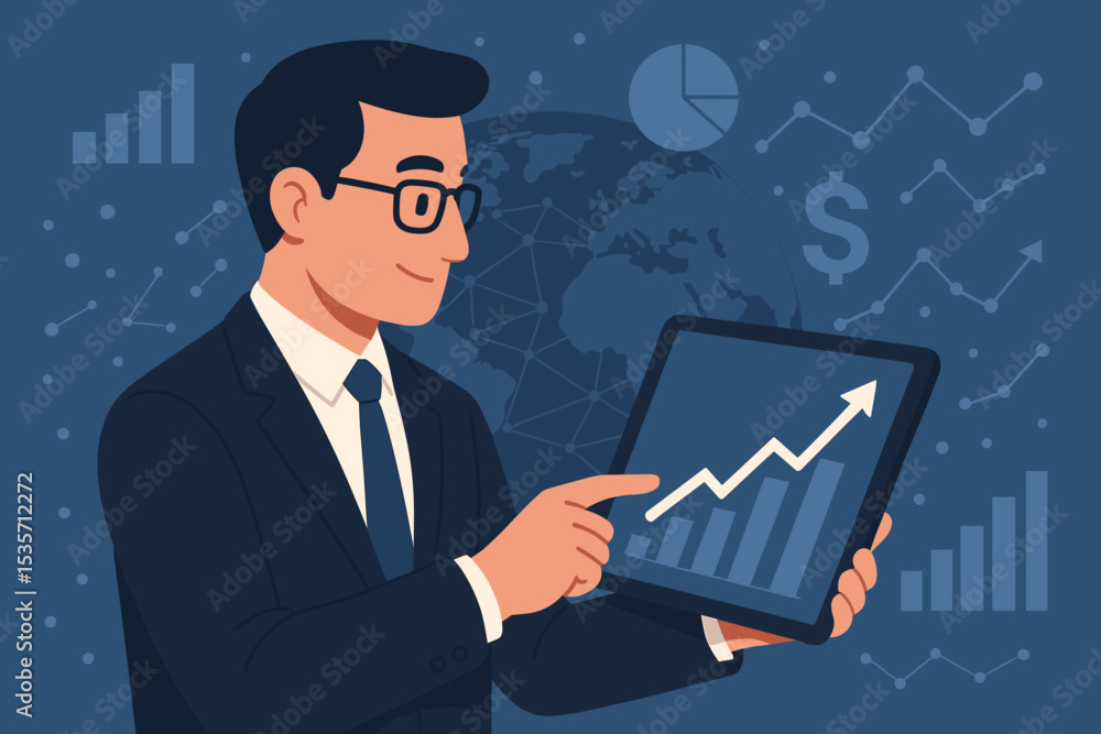 Businessman investor analyzing financial growth data on tablet. Stock market trader with success chart. Concept of global economy, corporate finance, investment, and data analytics. Businessman investor analyzing financial growth data on tablet. Stock market trader with success chart. Concept of global economy, corporate finance, investment, and data analytics.