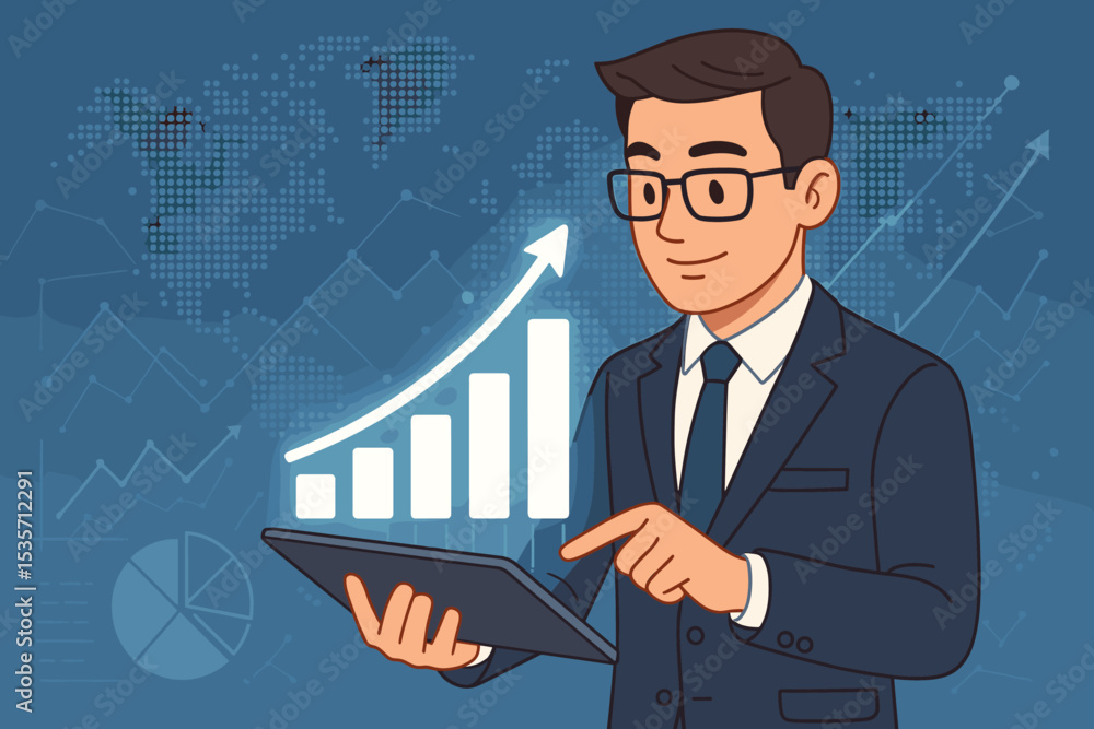 Businessman investor analyzing financial data on a tablet. Manager with growing graph chart. Concept of investment, stock market, business strategy, success, and analytics. Businessman investor analyzing financial data on a tablet. Manager with growing graph chart. Concept of investment, stock market, business strategy, success, and analytics.