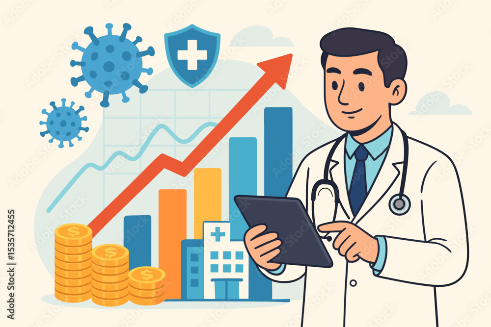 Doctor analyzing healthcare investment data on a tablet. Concept of medical finance growth, economic recovery after a pandemic. Bar chart with money, hospital and virus icons. Doctor analyzing healthcare investment data on a tablet. Concept of medical finance growth, economic recovery after a pandemic. Bar chart with money, hospital and virus icons.