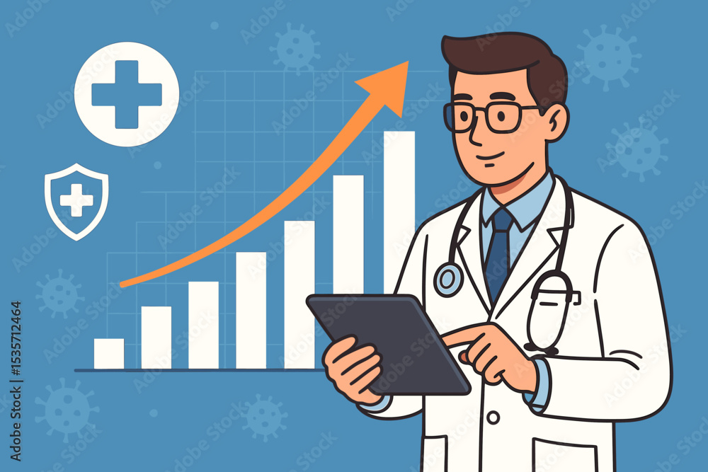 Healthcare investment and financial growth concept. Doctor with tablet analyzes medical data chart. Health insurance protection and pandemic virus statistics analysis illustration. Healthcare investment and financial growth concept. Doctor with tablet analyzes medical data chart. Health insurance protection and pandemic virus statistics analysis illustration.