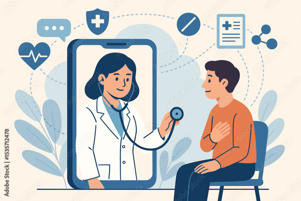 Fototapeta premium Telemedicine and telehealth concept. Online doctor consultation via smartphone. Virtual healthcare with physician examining patient remotely. Digital health care technology support vector.