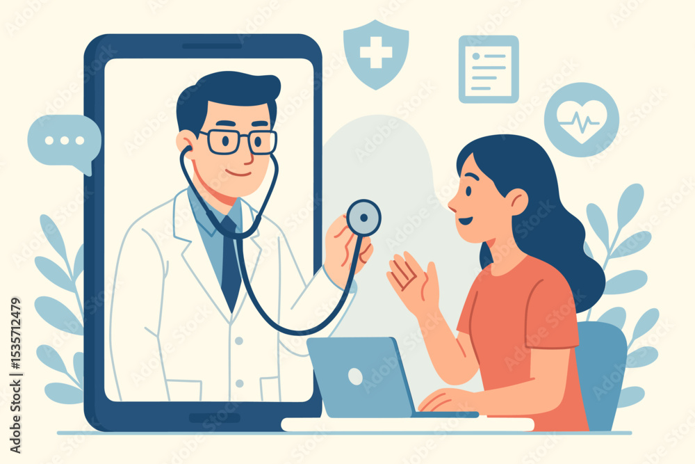 Virtual health consultation concept with doctor on smartphone screen. Woman patient on video call using laptop for online medical advice. Telemedicine, remote healthcare technology. Virtual health consultation concept with doctor on smartphone screen. Woman patient on video call using laptop for online medical advice. Telemedicine, remote healthcare technology.