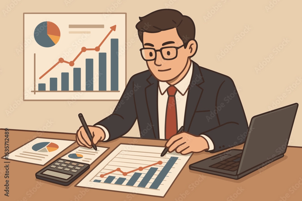 Businessman analyzing financial statistics, data graphs, and charts. Male accountant or analyst working on business growth strategy at his desk with a laptop. Investment concept. Businessman analyzing financial statistics, data graphs, and charts. Male accountant or analyst working on business growth strategy at his desk with a laptop. Investment concept.