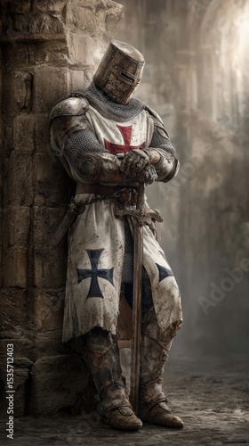 Weathered templar knight in chainmail armor
