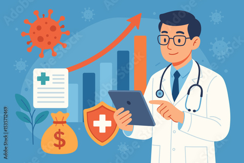 Doctor analyzing healthcare investment growth. Medical industry finance, stock market chart, health insurance protection, money, coronavirus pandemic and economic recovery concept.