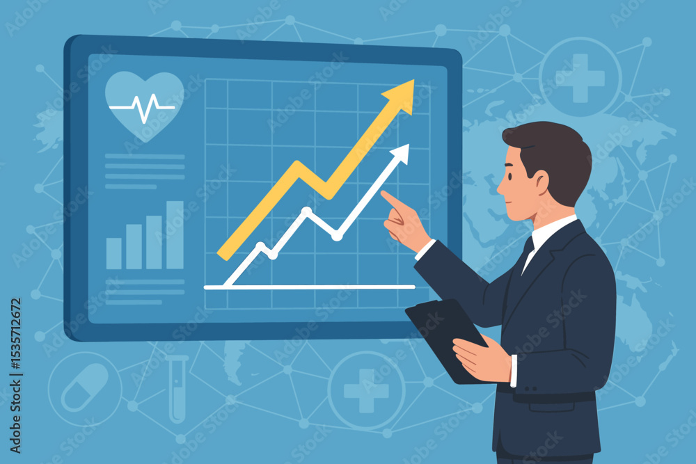 Healthcare business growth concept. Businessman analyzing financial data report on a digital screen. Medical industry success with rising chart and graph. Medicine economy and investment. Healthcare business growth concept. Businessman analyzing financial data report on a digital screen. Medical industry success with rising chart and graph. Medicine economy and investment.