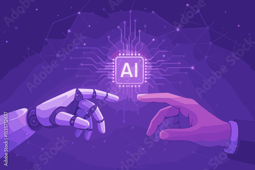 Artificial intelligence concept. Human and robot hands connection metaphor. Future technology, machine learning, AI processor, and digital network. Business innovation and partnership.
