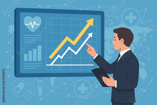 Healthcare business growth concept. Businessman analyzing financial data report on a digital screen. Medical industry success with rising chart and graph. Medicine economy and investment.