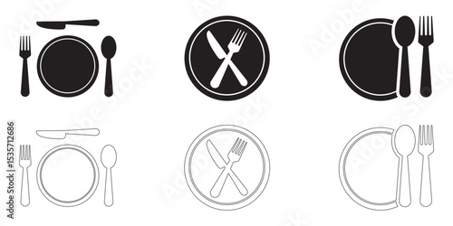 spoon, Fork, knife and plate icon set, menu logo, Silhouette of cutlery. Tableware Vector illustration.