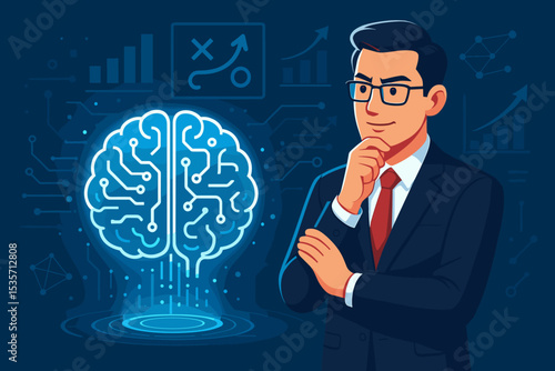 AI-powered business visionary concept. Businessman planning strategy with a digital brain. Artificial intelligence, machine learning for corporate growth, data analysis, and success.