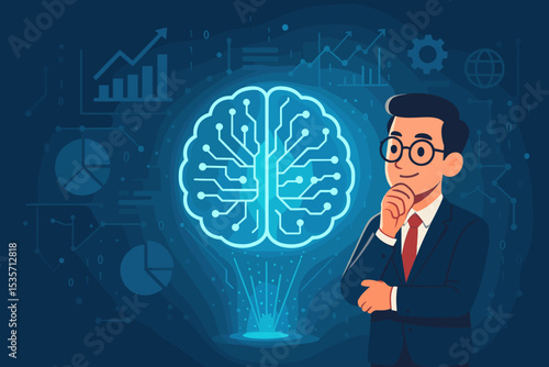 Businessman using AI for data analysis and business strategy. Concept of artificial intelligence, machine learning, and big data analytics for corporate growth and future innovation.
