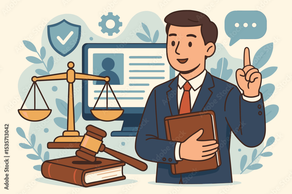 Legal tech concept with lawyer character. Online attorney services and digital justice system. Law and technology illustration with gavel, scales of justice and computer for cyber security. Legal tech concept with lawyer character. Online attorney services and digital justice system. Law and technology illustration with gavel, scales of justice and computer for cyber security.