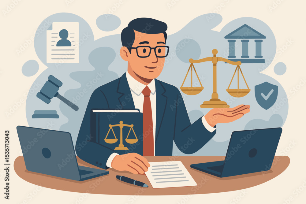 Lawyer at desk with laptops providing online legal consultation. Legal tech concept with attorney, scales of justice, gavel, and courthouse icon. Digital law services and advice. Lawyer at desk with laptops providing online legal consultation. Legal tech concept with attorney, scales of justice, gavel, and courthouse icon. Digital law services and advice.