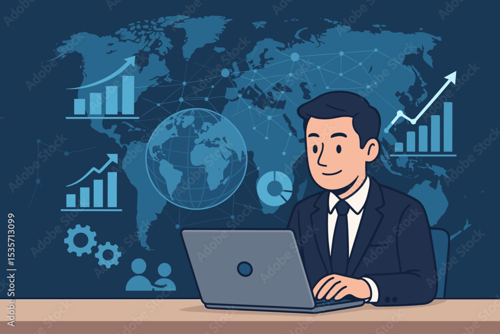Businessman analyzing global market data on laptop. Digital marketing strategy concept. Financial growth charts and world map background. International business investment and economy. Businessman analyzing global market data on laptop. Digital marketing strategy concept. Financial growth charts and world map background. International business investment and economy.