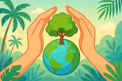 Hands protecting Earth with a growing tree. Concept of world environment day, conservation, and ecology. Save the planet. Green world care and sustainability vector illustration.
