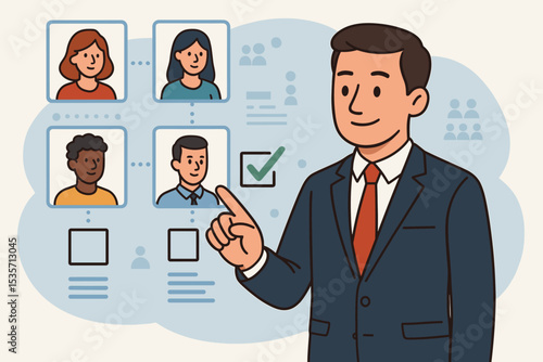 HR manager choosing a new employee from online candidates. Human resources concept with online recruitment, hiring process, and personnel selection. Headhunting and team building vector.
