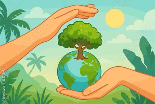 Earth Day environmental protection and conservation concept. Hands holding the green planet Earth with a tree. Ecology, sustainability, and nature care metaphor. Save the world vector.