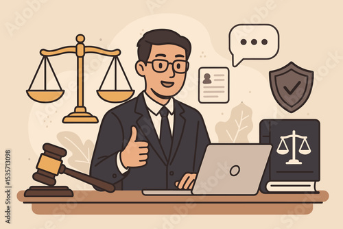 Online legal advice concept with attorney character at his desk. Lawyer with laptop giving thumbs up. Justice and law symbols like gavel and scales. Legal technology vector illustration.