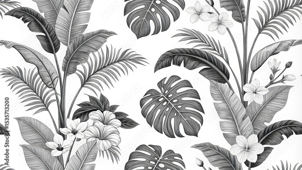 custom made wallpaper toronto digitalMonochrome Tropical Floral Seamless Pattern Banana Leaves, Monstera, Flowers, Botanical Illustration, White Background Tropical, Seamless Pattern