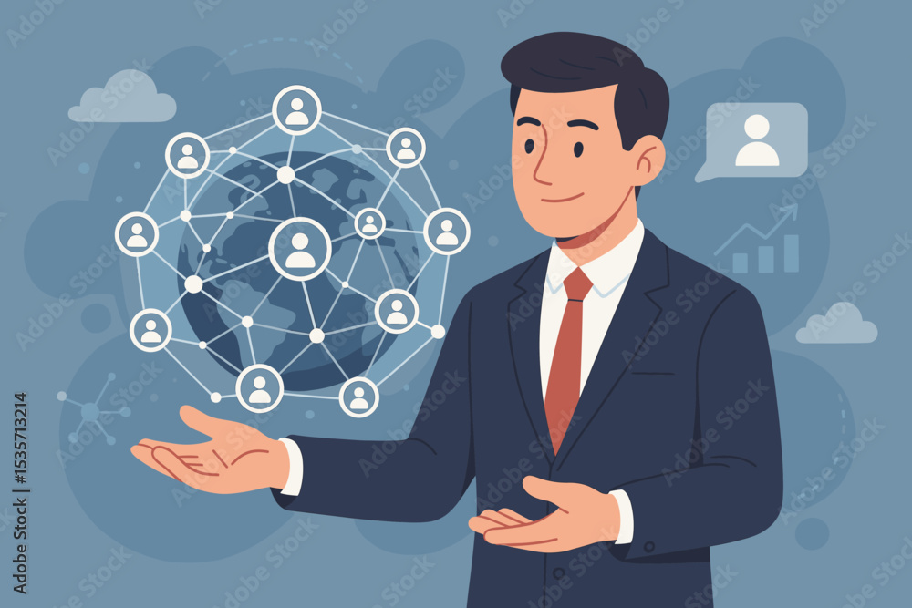 Businessman presenting a global customer network concept. International business connection, social media, CRM, and marketing strategy. Worldwide communication technology for growth. Businessman presenting a global customer network concept. International business connection, social media, CRM, and marketing strategy. Worldwide communication technology for growth.