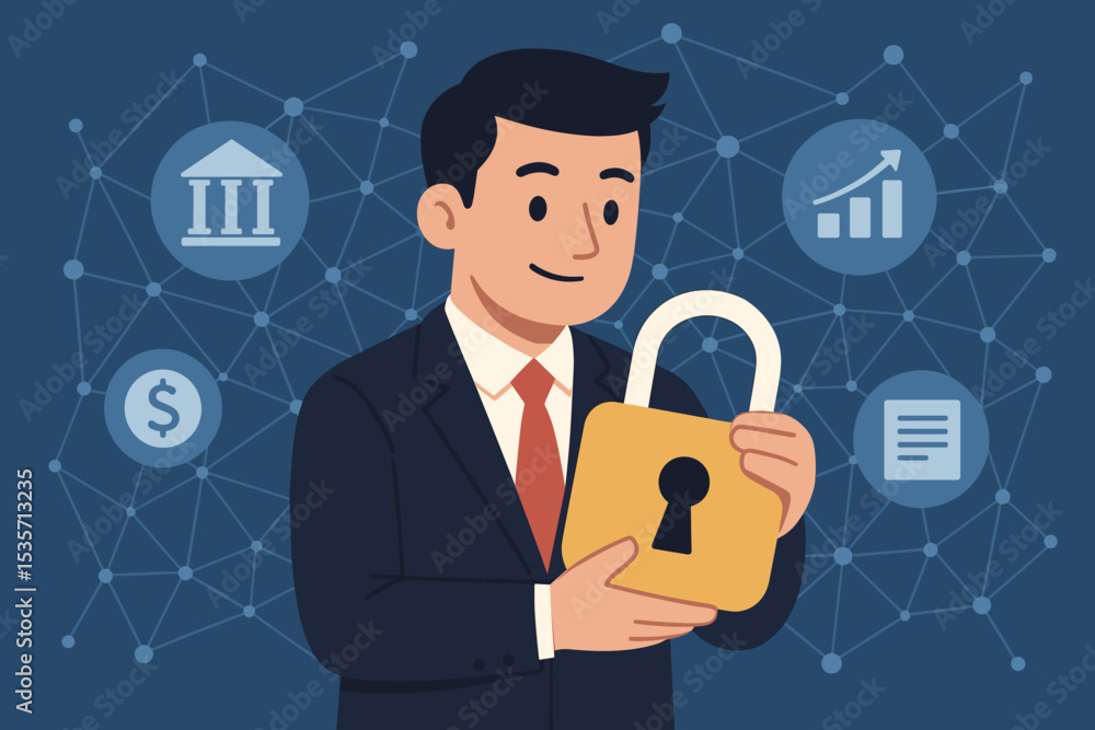 Businessman holding a lock for cybersecurity and financial data protection. Concept of secure online banking, investment safety, confidential information, privacy, and asset management. Businessman holding a lock for cybersecurity and financial data protection. Concept of secure online banking, investment safety, confidential information, privacy, and asset management.