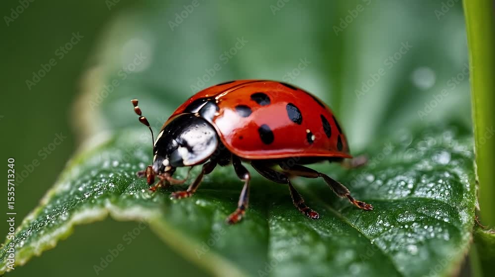 Close up ladybug on green leaf, macro nature shot, red beetle with black spots, tiny insect crawling, wildlife footage Close up ladybug on green leaf, macro nature shot, red beetle with black spots, tiny insect crawling, wildlife footage