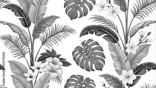 Wallpaper Mural Monochrome Tropical Floral Seamless Pattern Banana Leaves, Monstera, Flowers, Botanical Illustration, White Background Tropical, Seamless Pattern Torontodigital.ca