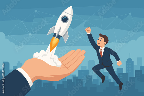 Business growth and startup launch concept. Giant hand helping to launch a rocket. Successful businessman flying up. Metaphor for success, innovation, career boost, investment.