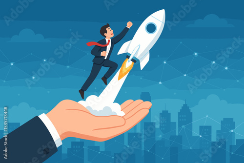 Business growth concept. Businessman on a rocket symbolizes a startup launch and career boost. Helping hand represents support, investment, and mentorship for rapid success.
