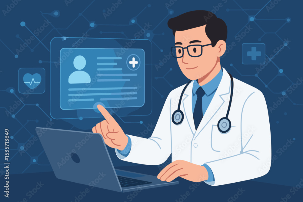 Doctor using laptop for online consultation, accessing electronic health records. Telemedicine, telehealth concept. Futuristic medical technology with a digital patient profile, EMR. Doctor using laptop for online consultation, accessing electronic health records. Telemedicine, telehealth concept. Futuristic medical technology with a digital patient profile, EMR.