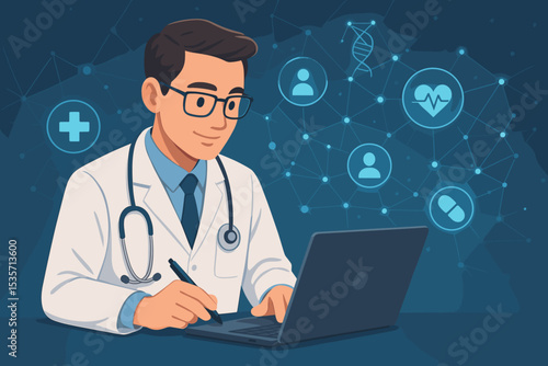 Digital healthcare and telemedicine concept. Doctor at laptop for online consultation. Medical technology innovation with futuristic icons for patient data and virtual health services.