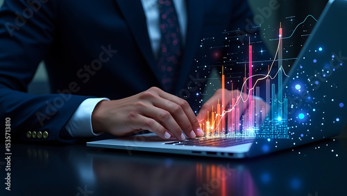 Business and finance planning data analysis, digital technology innovative investment strategies, foster economic growth and achieve sustainable digital market leadership in competitive