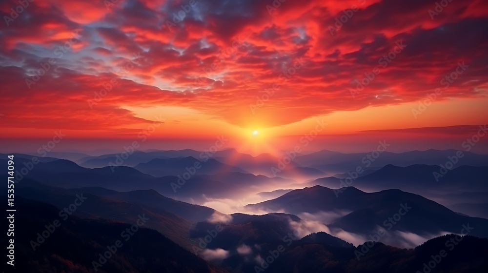 Obraz premium A high-contrast sunrise with bold orange and red hues over the Carpathian ranges, crisp mountain silhouettes in dark navy, and a glowing sun just above the horizon, painting the sky with warm tones.