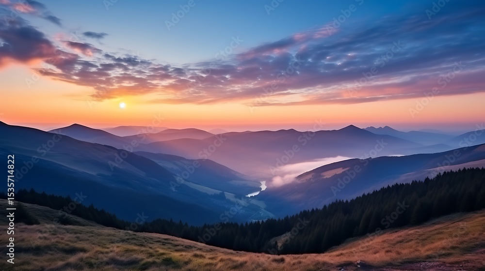 A panoramic view of the Carpathians at sunrise, warm orange and pink sky above a deep navy mountain silhouette, long rays of light spilling over the ridges, creating a glowing, magical effect. A panoramic view of the Carpathians at sunrise, warm orange and pink sky above a deep navy mountain silhouette, long rays of light spilling over the ridges, creating a glowing, magical effect.