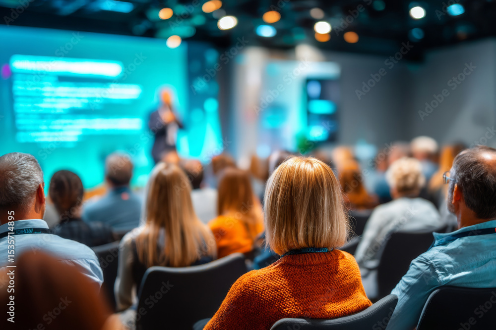 Obraz premium Focused woman listening to business presentation at modern conference event