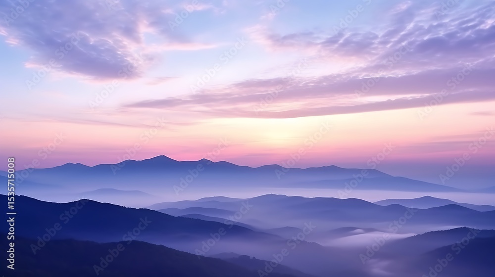 Obraz premium A serene mountain sunrise, the sky softly transitioning from lavender to pale gold, Carpathian peaks in silhouette, faint layers of mist lingering in the valleys, a calm and peaceful scene.