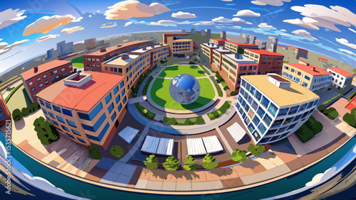 aerial full seamless spherical hdri 360 panorama view above great height in courtyard of modern multi-storey multi-apartment residential complex of urban development in equirectangular .Very beautiful