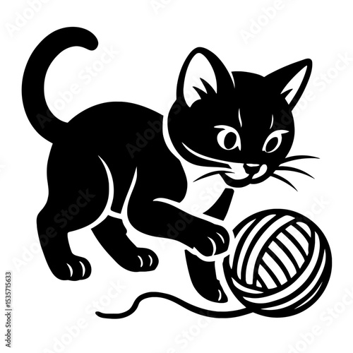Playful Kitten with Yarn Ball Silhouette Vector - Cute Pet Illustration