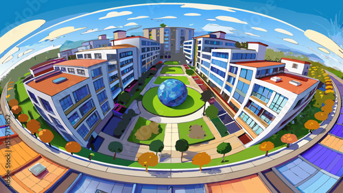 aerial full seamless spherical hdri 360 panorama view above great height in courtyard of modern multi-storey multi-apartment residential complex of urban development in equirectangular .Very beautiful