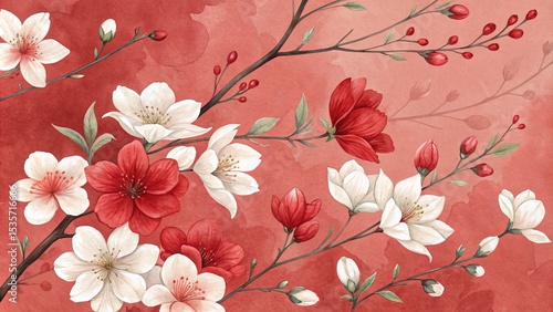 Red and White Watercolor Floral Branch Composition, Botanical Illustration, Asian Inspired Art, Flower Wallpaper Floral art, Watercolor painting