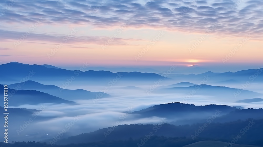 A subtle sunrise scene of soft blue and pink sky over the Carpathians, layers of mountains fading into the mist, the sun barely peeking above the horizon, creating a peaceful mood. A subtle sunrise scene of soft blue and pink sky over the Carpathians, layers of mountains fading into the mist, the sun barely peeking above the horizon, creating a peaceful mood.