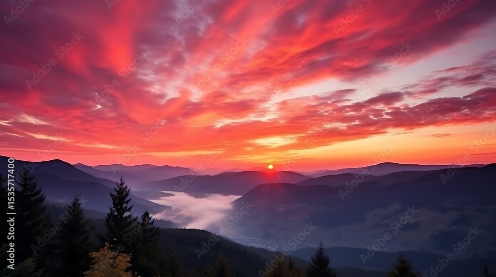 Fototapeta premium A vibrant sunrise scene over the Carpathians, sky glowing in intense shades of pink, magenta, and orange, dramatic clouds drifting across the sky, mountain silhouettes dark and bold.