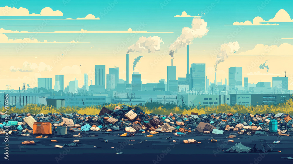 Obraz premium A polluted industrial cityscape with factories emitting smoke and a foreground littered with garbage and debris under a hazy sky.